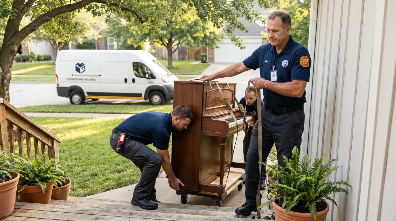 Licensed piano movers securing grand piano in Wales, MA