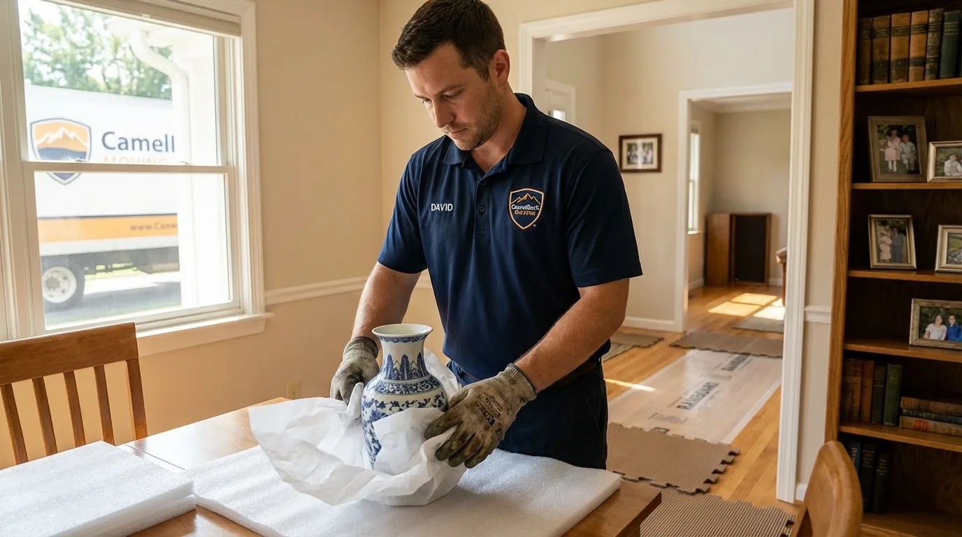 Professional crew carefully wrapping antique vase for senior downsizing move in Wales, MA
