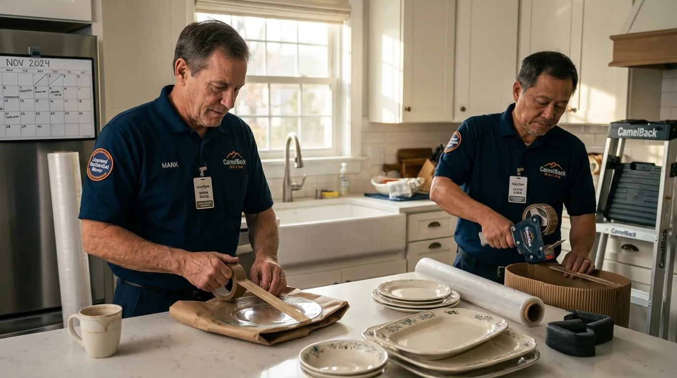 Professional crew packing kitchen dishware in Wales, MA